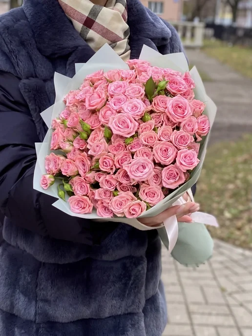 ROZA4U Букет живых цветов 25 розовых кустовых роз, розовый, фото 4
