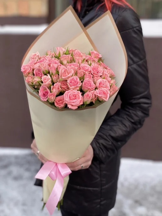 ROZA4U Букет живых цветов 15 кустовых роз Одилия 40 см, розовый, фото 4
