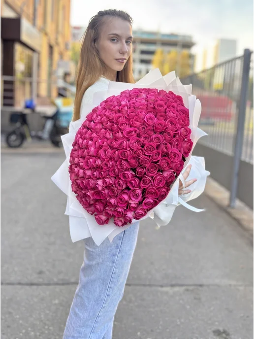 ROZA4U Букет живых цветов 201 красная роза, розовый, фото 2
