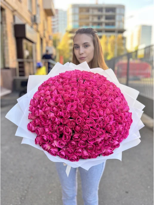 ROZA4U Букет живых цветов 201 красная роза, розовый, фото 3
