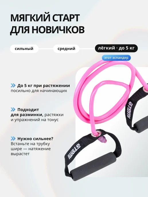 Atemi Эспандер для фитнеса резиновый трубчатый с ручками, розовый, фото 2