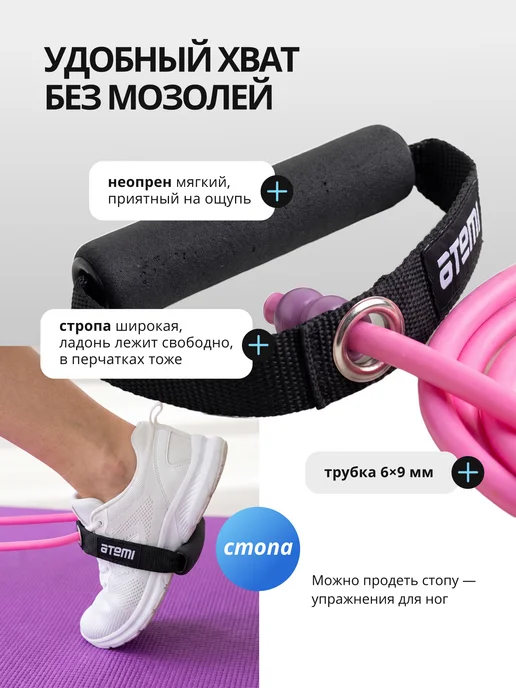 Atemi Эспандер для фитнеса резиновый трубчатый с ручками, розовый, фото 3