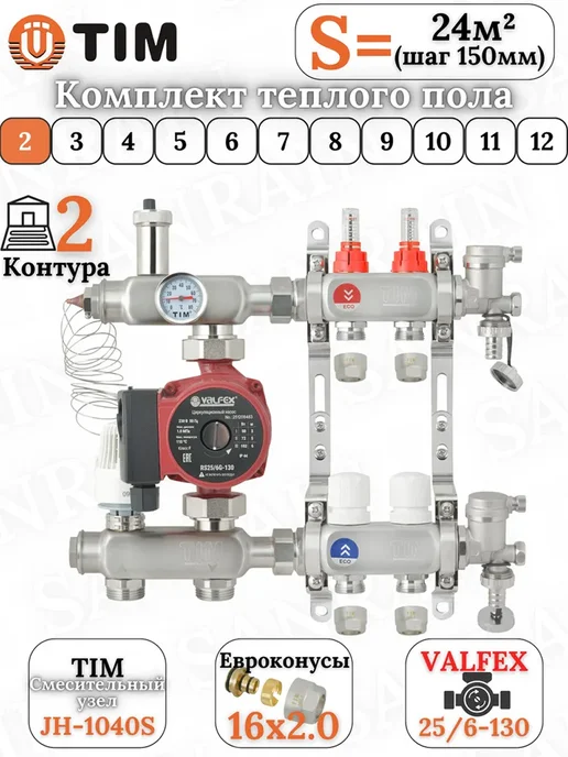 Комплект коллектор теплого пола 2 контура под трубу 16х2.0, вариант