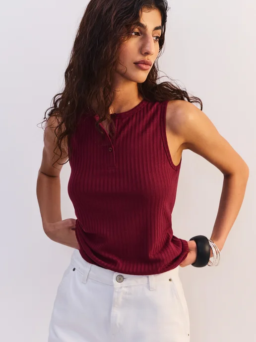 ZARINA Топ удлиненный майка в рубчик на пуговицах, красный, фото 8