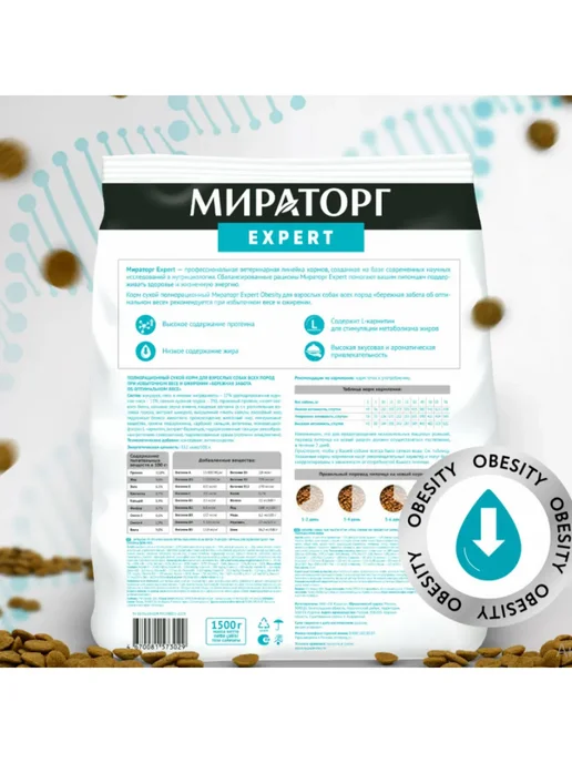 Сухой корм МИРАТОРГ MEAT Expert Obesity для собак, 1,5 кг, фото 2