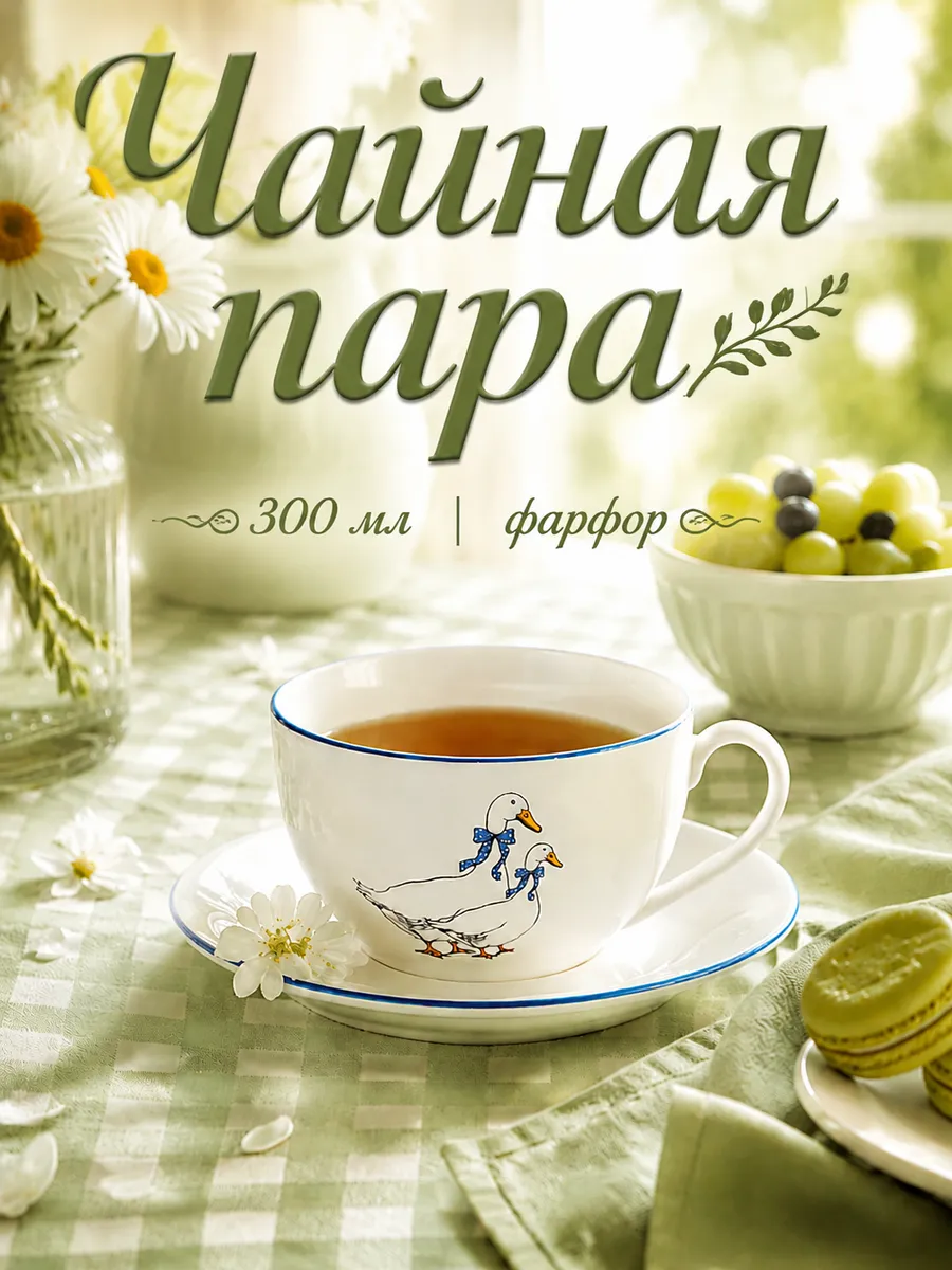 Чайная пара Тихорецкий фарфор «Гуси», 300 мл, белая