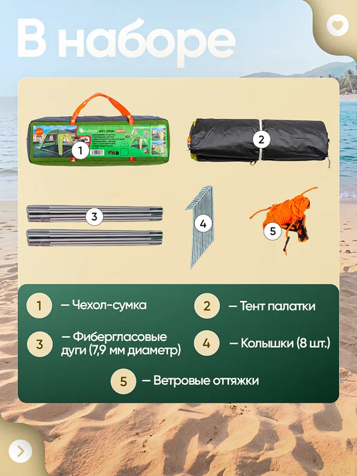 MirCamping - туризм и дача: палатки, шатры, стулья Палатка туристическая 4 местная, зеленый, фото 6