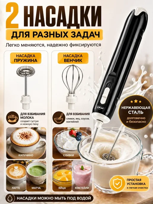 AN24 1. Капучинатор электрический ручной вспениватель молока, черный