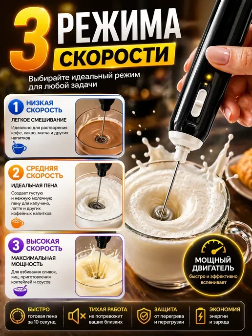 AN24 1. Капучинатор электрический ручной вспениватель молока, черный, фото 3