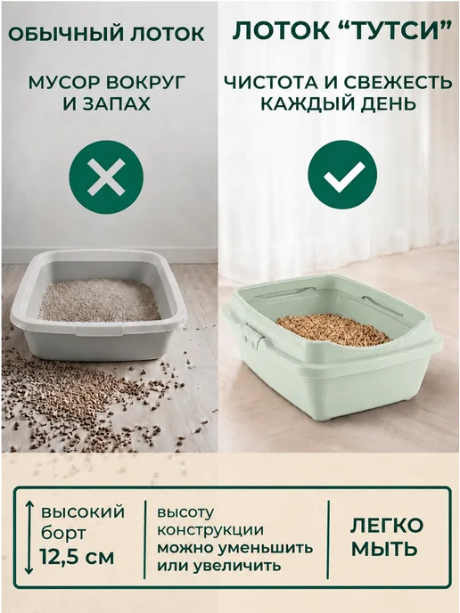 DDSTYLE Туалет для кошек с бортами, зеленый, фото 3