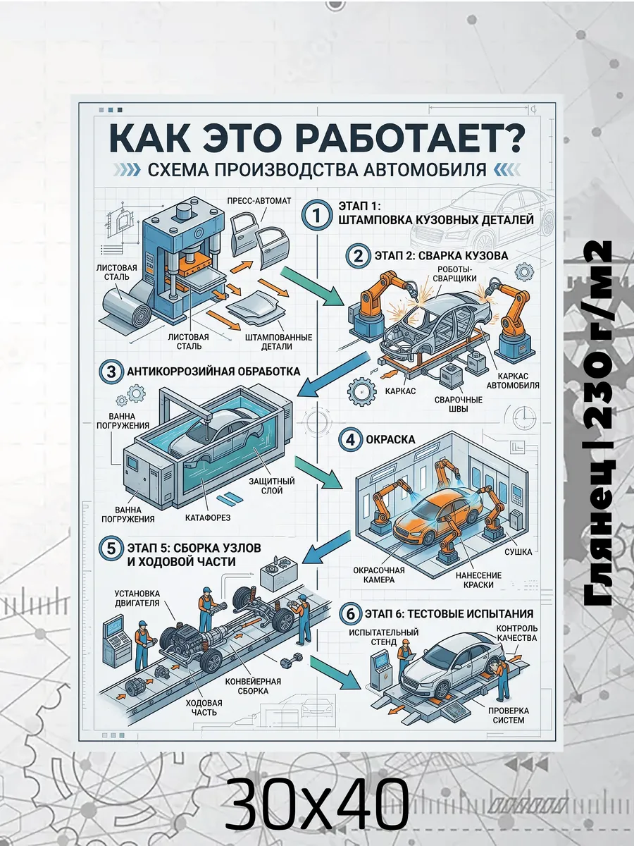Постер 30х40 Как это работает? Производство автомобиля