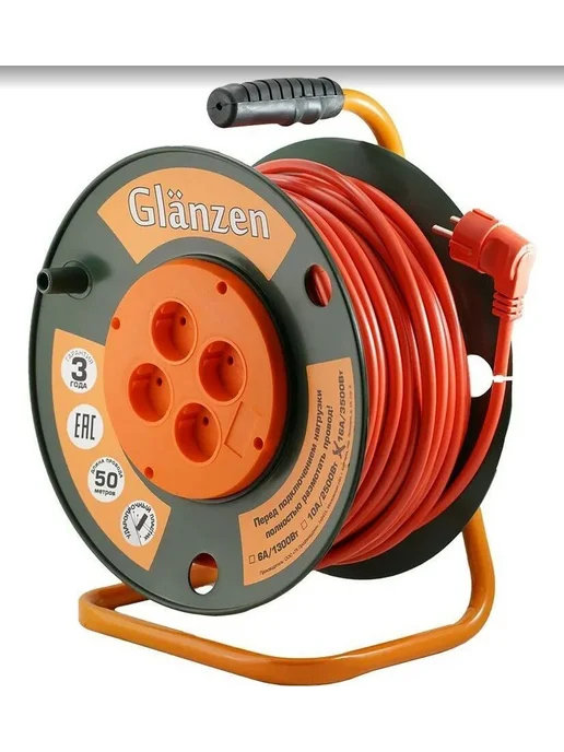Glanzen Удлинитель силовой EB-50-008, на катушке, б з, 4 роз - 50м, 50 м, фото 2