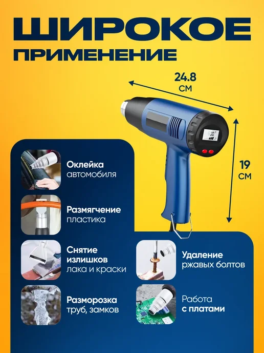 PLUMES Строительный фен с регулировкой температуры и 4 насадками, синий, фото 5