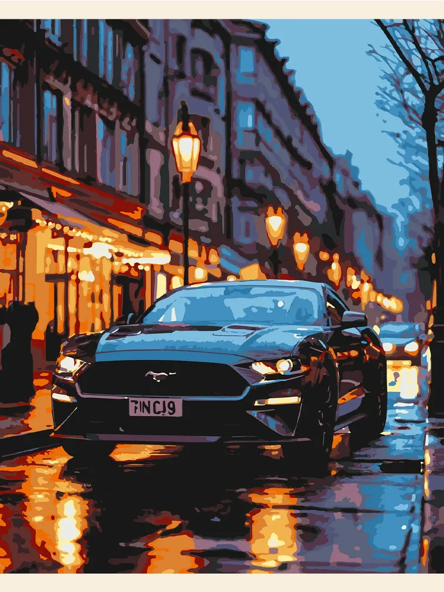 Картина по номерам — Ford Mustang на вечерней улице — фотография 2