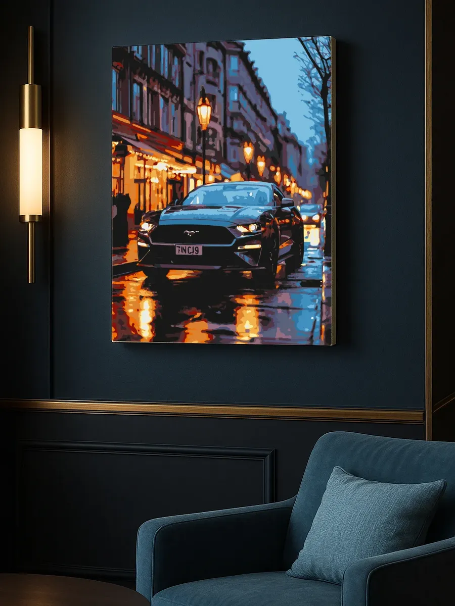 Картина по номерам — Ford Mustang на вечерней улице — фотография 7