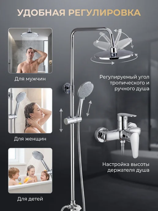 Душевая система с тропическим душем и смесителем 3в1, серый, фото 3