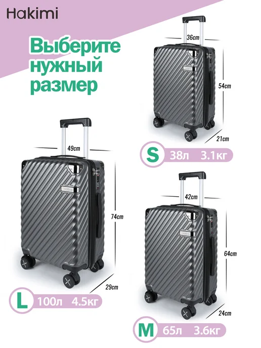 Hakimi Чемодан на колесах ручная кладь S, поликарбонат, TSA-замок, серый, фото 3