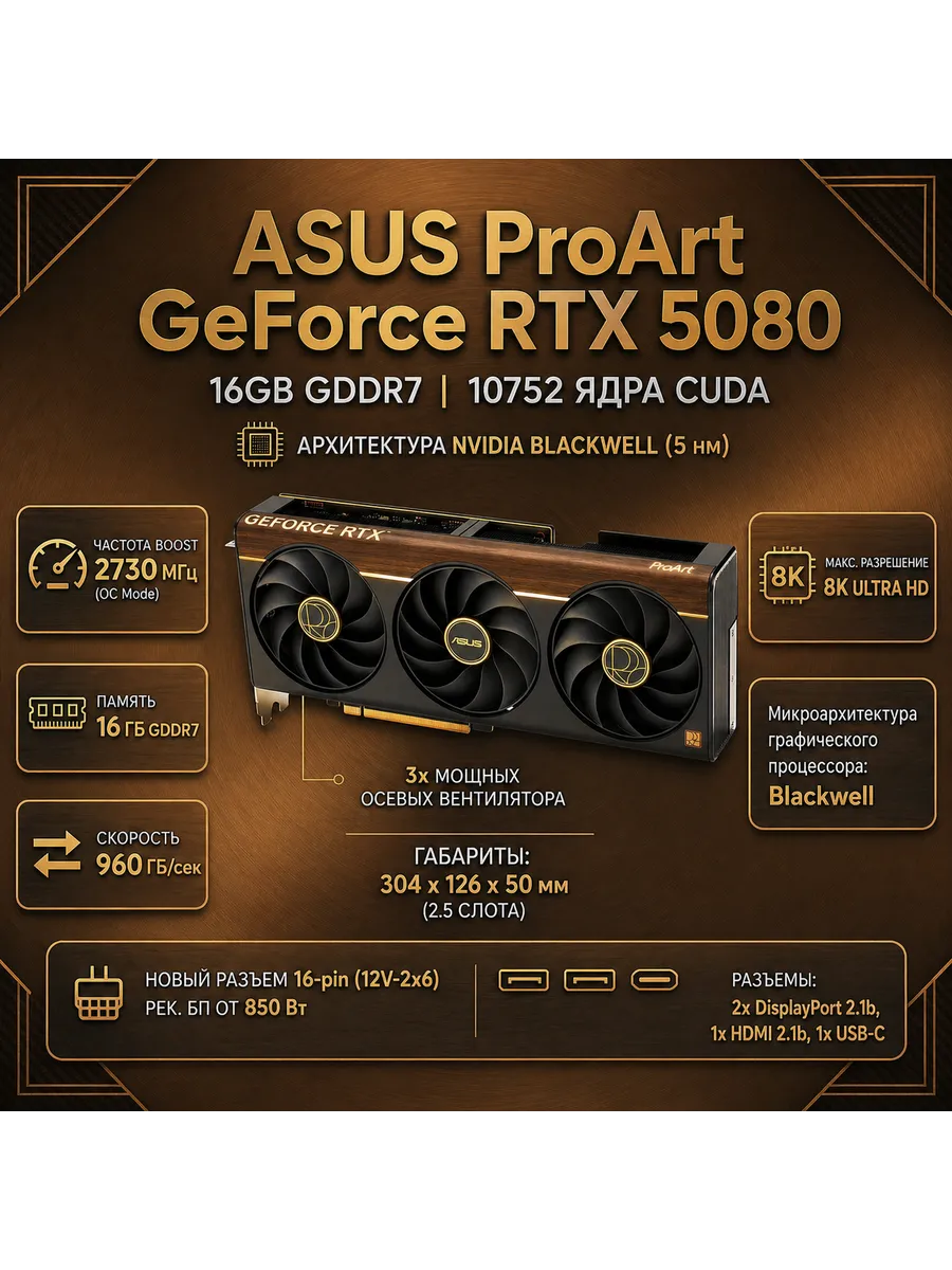 Asus Видеокарта PROART RTX5080 O16G, 16GB GDDR7, 256bit