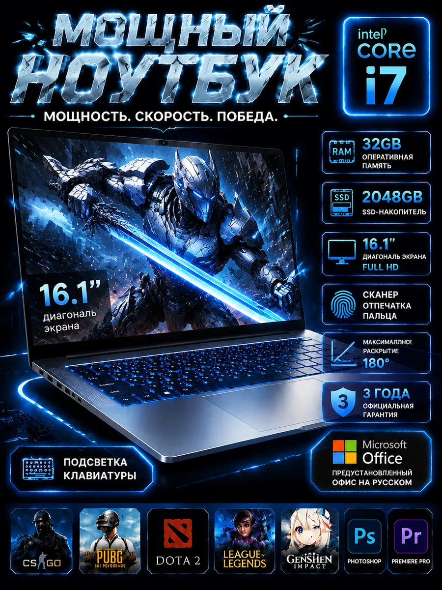 16.1”Игровой ноутбук Intel Core i7 120HZ 995947568 купить за 23 122 ₽ в интернет‑магазине Wildberries