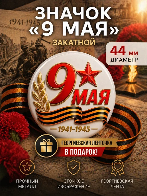 Значки 9 мая с Георгиевскими ленточками В ПОДАРОК