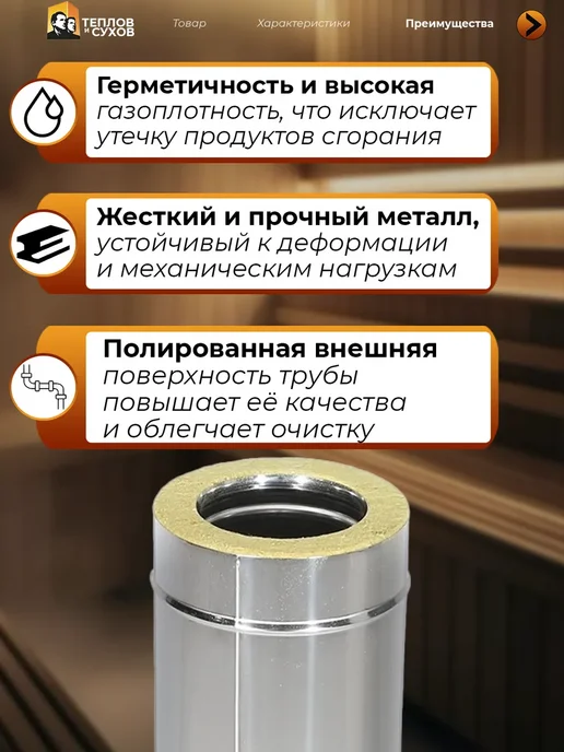 Теплов и Сухов Дымоход-сэндвич Труба Термо 1 м (430-0,5 мм) D130 200, Нерж, 1 м, фото 3