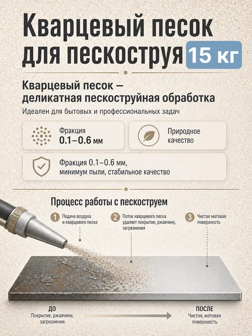 Песок кварцевый для пескоструя, 15 кг, 15 кг