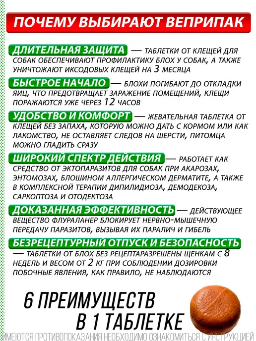 ВЕПРИПАК Таблетки от блох и клещей для собак весом 20-40 кг, 1000 мг, 4,51 кг, фото 3