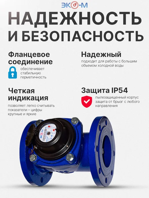 ЭКОМЕРА Счетчик воды холодный фланцевый ЭКОМЕРА-65Ф ДУ 65 мм, синий, фото 3