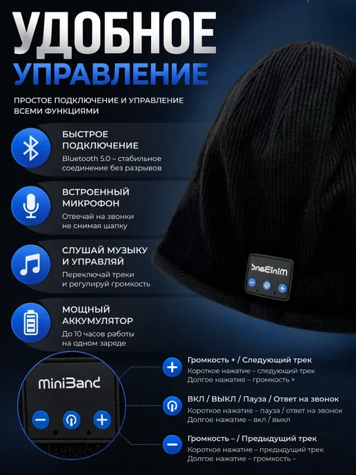 KENEN W1 Шапка с наушниками Bluetooth беспроводная с микрофоном, черный, фото 2