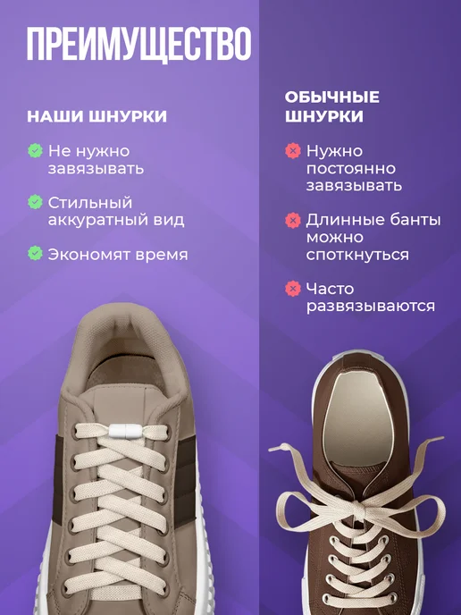 Шнурки резинки с фиксатором для кроссовок эластичные плоские, бежевый, фото 7