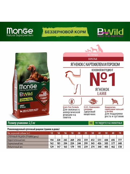 Сухой корм MONGE Картофель для собак, беззерновой, ягненок, 2,5 кг, фото 2