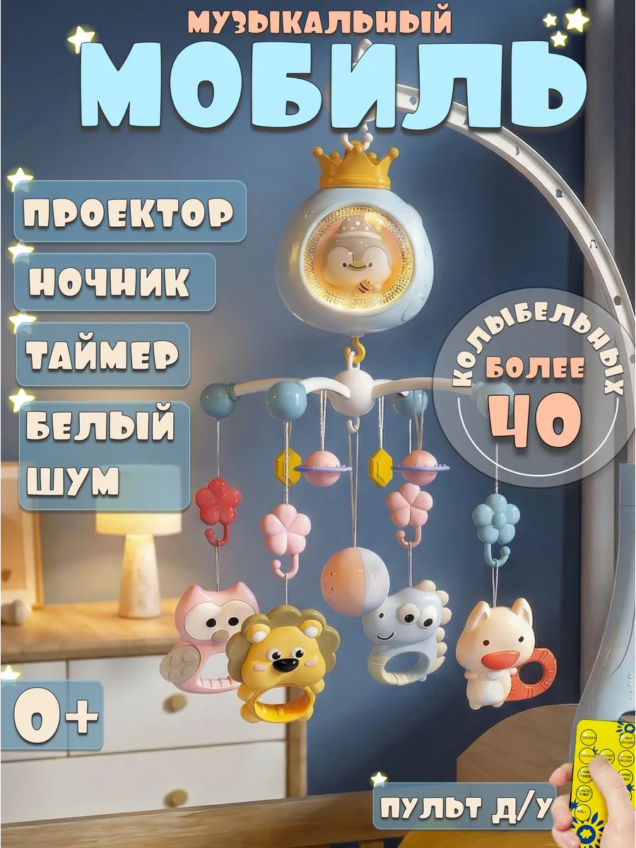 Музыкальный мобиль с проектором и ночником для новорожденных