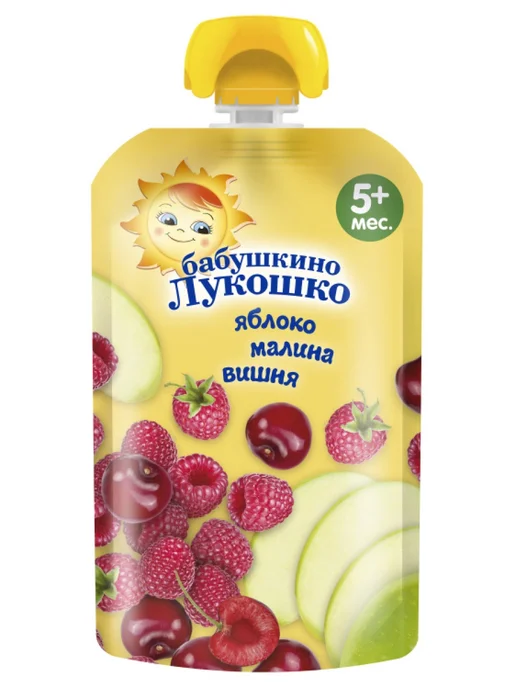 бабушкино лукошко Пюре детское фруктовое яблоко, малина и вишня с 5 мес, 6шт, вариант, фото 2