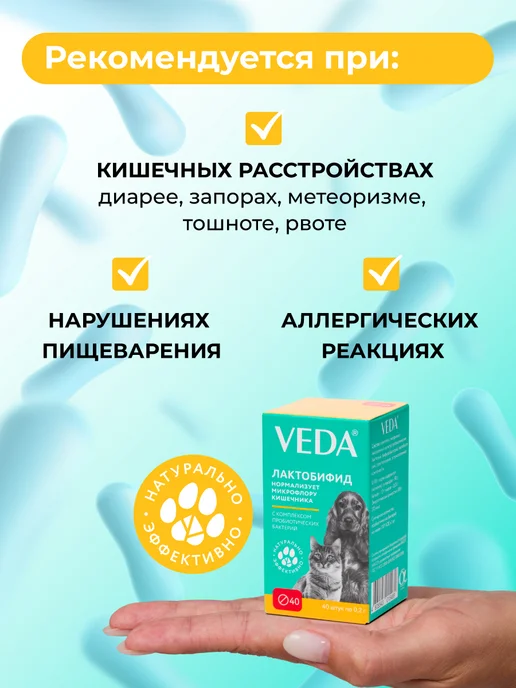 veda Комплекс пробиотиков для кошек и собак Лактобифид, 40 таб, вариант, фото 2