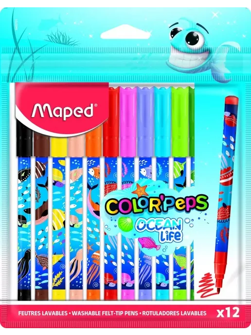 MAPED Фломастеры 12 цв. Color'Peps Ocean, смываемые, синий