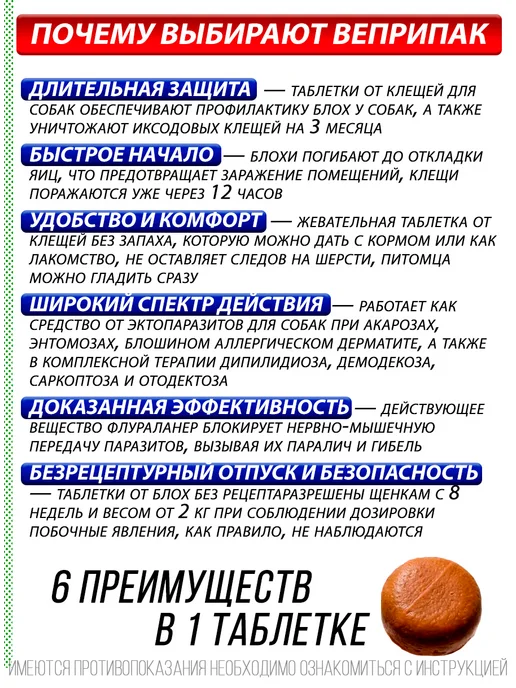 VETSTEM Веприпак 500 мг для собак 10-20 кг, таблетки от клещей, 1020 кг, фото 3