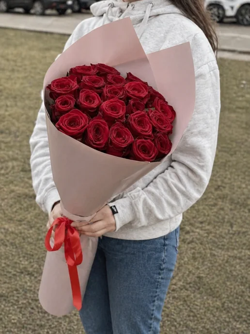 ROZA4U Букет живых цветов 21 красная роза 60 см, красный, фото 2