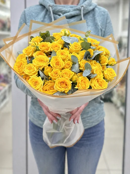 ROZA4U Букет живых цветов из 19 кустовых желтых роз, желтый, фото 2