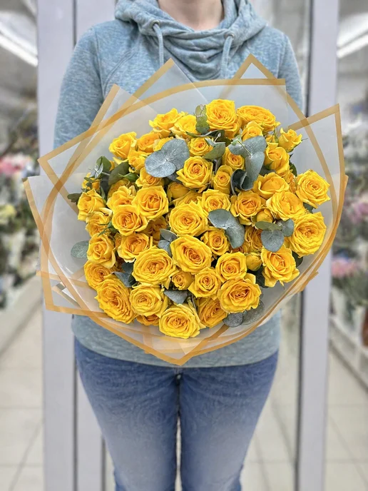 ROZA4U Букет живых цветов из 19 кустовых желтых роз, желтый, фото 3