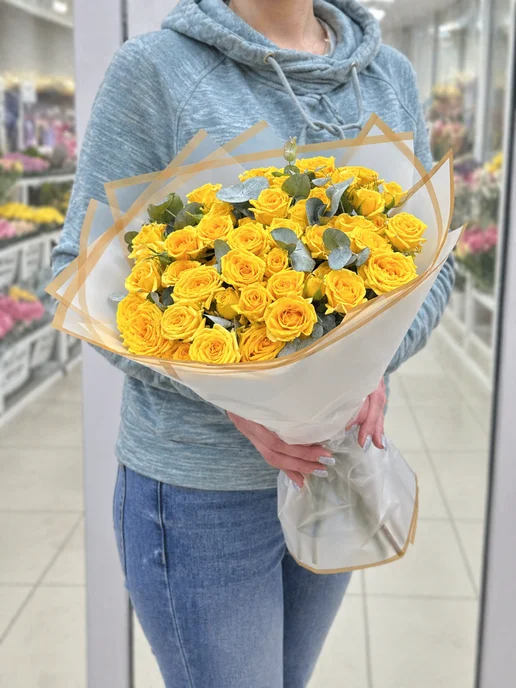 ROZA4U Букет живых цветов из 19 кустовых желтых роз, желтый, фото 4