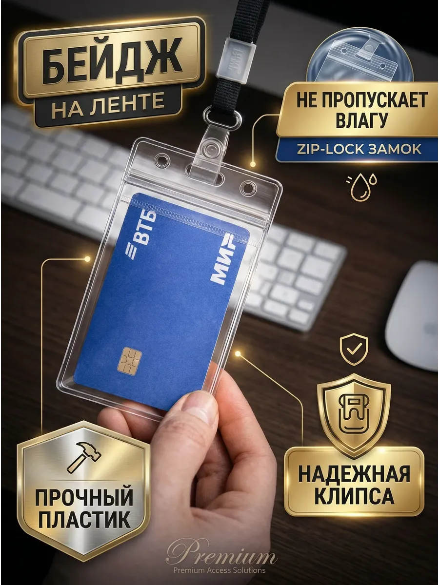 Бейдж чехол прозрачный для пропуска на ленте