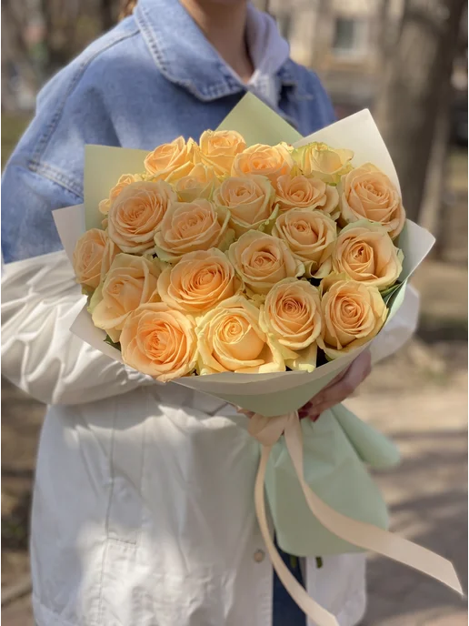 ROZA4U Букет живых цветов 21 роза Пич Аваланш 60 см, желтый, фото 2