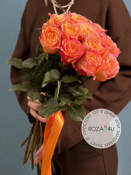 ROZA4U Букет живых цветов 11 роз Фри спирит 60 см, оранжевый