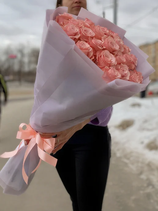 ROZA4U Букет живых цветов 25 роз Би Свит, розовый, фото 2