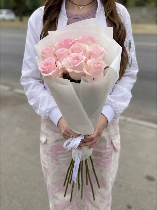 ROZA4U Букет живых цветов 9 розовых роз Новия, розовый, фото 2