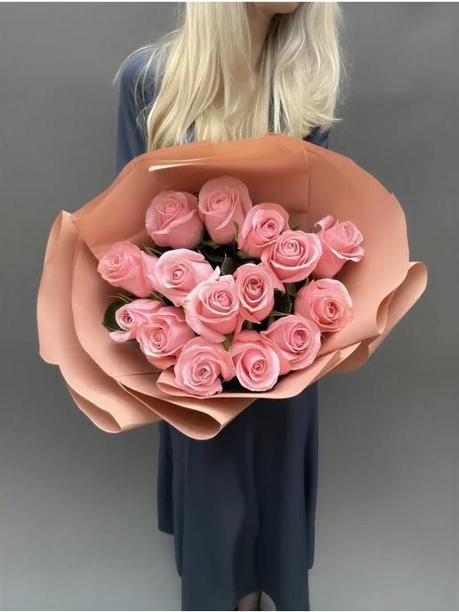 ROZA4U Букет живых цветов 15 коралловых роз Би Свит, розовый, фото 2