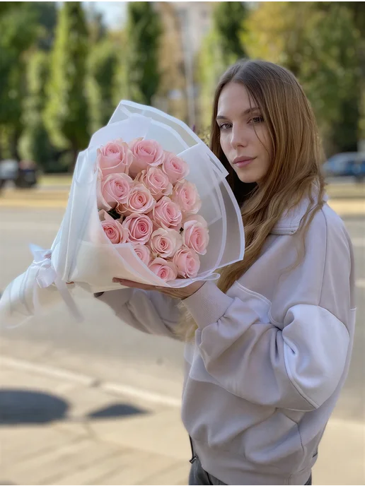 ROZA4U Букет живых цветов 15 розовых роз Новия, розовый, фото 2