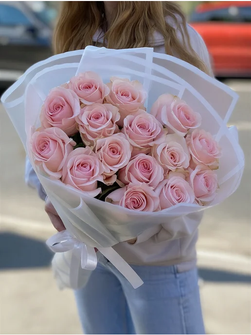 ROZA4U Букет живых цветов 15 розовых роз Новия, розовый, фото 4