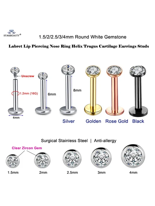 STAR BEAUTY Пирсинг из нержавеющей стали Silver 1.2x8mm Gem 2mm, 2шт, Golden 2mm x2pcs, фото 2