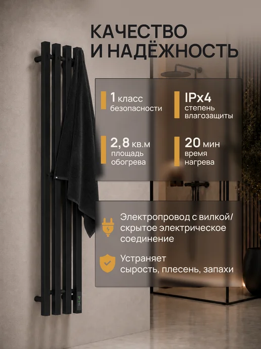 Grantop Полотенцесушитель электрический в ванную черный GPT0311018BL, черный, фото 2
